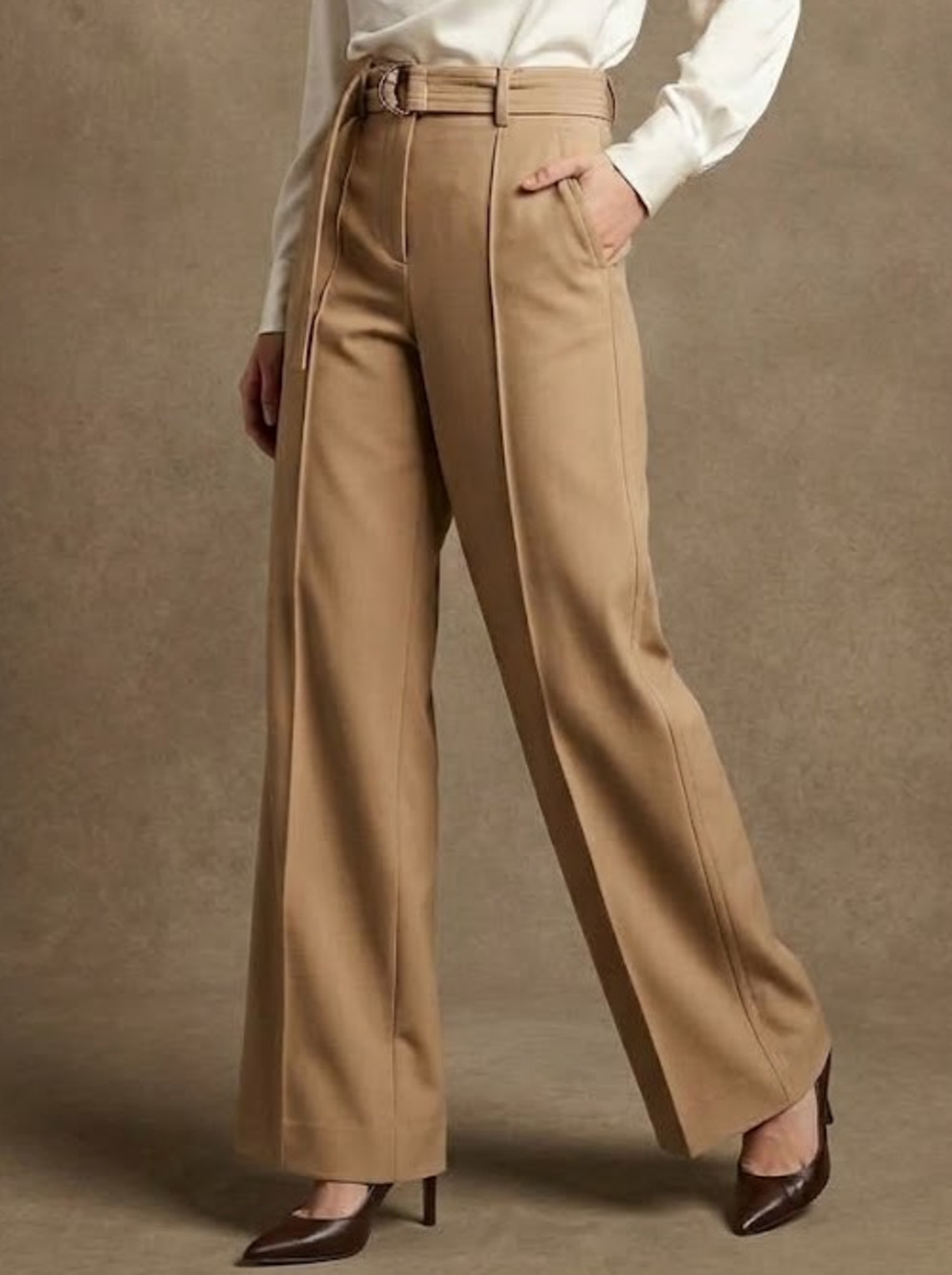 Banana Republic Women Pants Size 6 Beige Tan Wide Leg Belted D-Ring High Rise